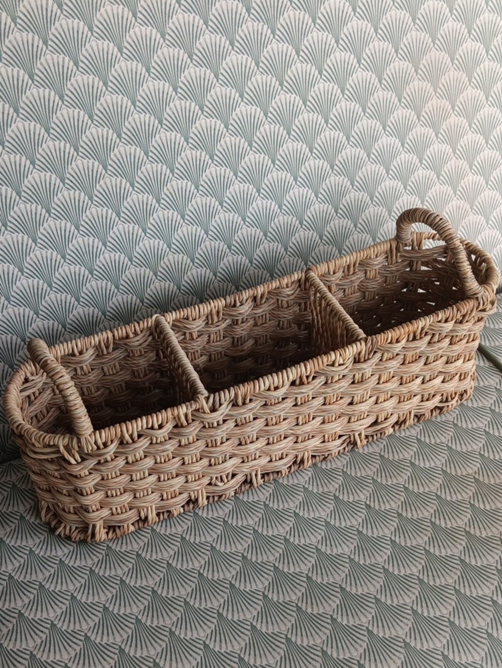 Woven Wicker Look 3 Compartment Basket With Handles. 16 1/2"L X 4"W X 5"H.